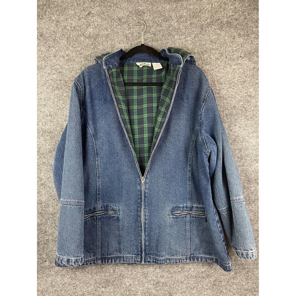 Vintage NorthStyle Denim Jacket Women 1X Blue Flannel Lined Hooded Full Zip
